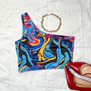 Shein One Shoulder Marble Print Crop Top
